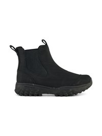 Stivaletto impermeabile nero con pannelli elastici laterali, suola in gomma resistente, texture liscia e linguette per una facile calzata.