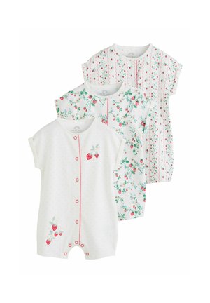 Three short-sleeve baby rompers with strawberry-themed patterns, including polka dots, floral prints, and scalloped stripes.