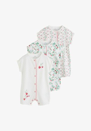 Trys trumpomis rankovėmis kūdikių kombinezonai su braškių tematikos raštais, įskaitant taškuotus, gėlių piešinius ir banguotas juostas.