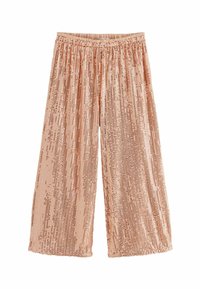 Pantaloni palazzo in morbido tessuto pesca, caratterizzati da una superficie testurizzata con righe verticali di paillettes. Vita elasticizzata per comfort e vestibilità.