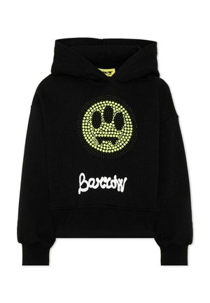 Czarna bluza z kapturem z żółtym kropkowanym wzorem uśmiechniętej twarzy i białym stylizowanym tekstem "Berrow" pod grafiką na przodzie.