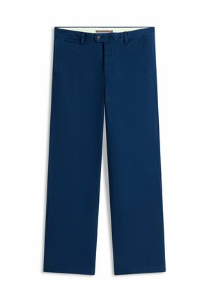 Marineblauwe rechte broek met geborduurde wapenschilden, knoopsluiting, riemlussen en een zakdetail aan de rechter taille.