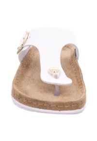 White flip-flop sandal with a thong strap, gold hardware accent, and a cushioned beige insole. Flat sole with visible stitching detail.
