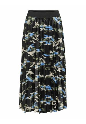 Mustriga pikk seelik mustas, millel on rohelised, sinised ja kreemjad abstraktsed mustrid; elastne vöökoht; kerge, sile kude, millel on voolav välimus.