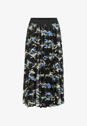 Mustriga pikk seelik mustas, millel on rohelised, sinised ja kreemjad abstraktsed mustrid; elastne vöökoht; kerge, sile kude, millel on voolav välimus.