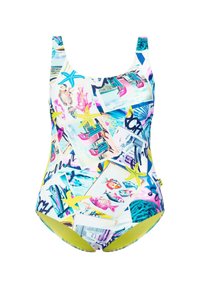 Jednodílné plavky s mnohobarevným koláží grafik, včetně ryb a mořských hvězdic, s žlutým akcentem na spodní části.