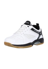 Valkoinen urheilukengä, jossa mustat yksityiskohdat, verkkokankaiset sivut ja kuminen pohja. Varustettu nauhakiinnityksellä ja pehmustetulla nilkkatuella.