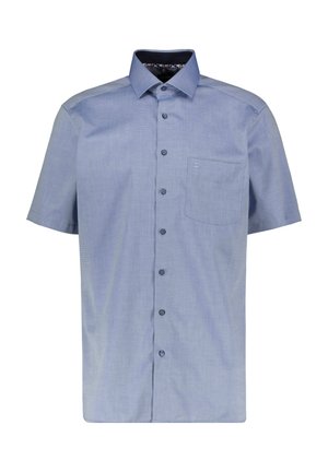 Chemise à manches courtes bleu clair avec col pointu et poche poitrine, présentée sur fond blanc.