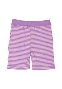 Lila randiga shorts i mjukt tyg, med en bekväm midja och en strömlinjeformad design, lämpliga för avslappnad klädsel.