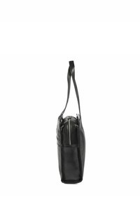 Bolso de hombro de cuero negro con cremallera en la parte superior y dos correas largas, mostrado desde un lado sobre un fondo blanco.