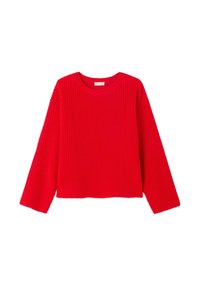 Pull rouge en tricot avec une texture côtelée, col rond et manches longues. Le design présente une coupe décontractée et une longueur cropped.