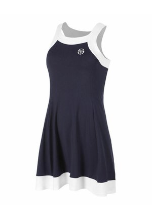 Vestito senza maniche blu navy con rifiniture bianche su scollo, spalle e orlo, caratterizzato da un piccolo logo rotondo sul petto.