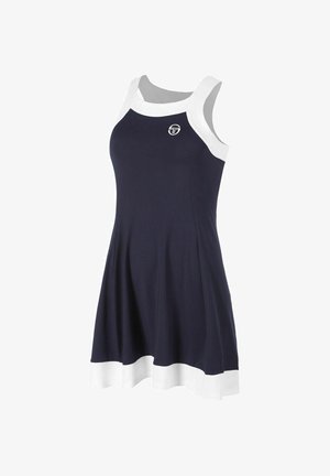 Vestido azul marino sin mangas con ribete blanco en el escote, los hombros y el dobladillo, con un pequeño logotipo redondo en el pecho.