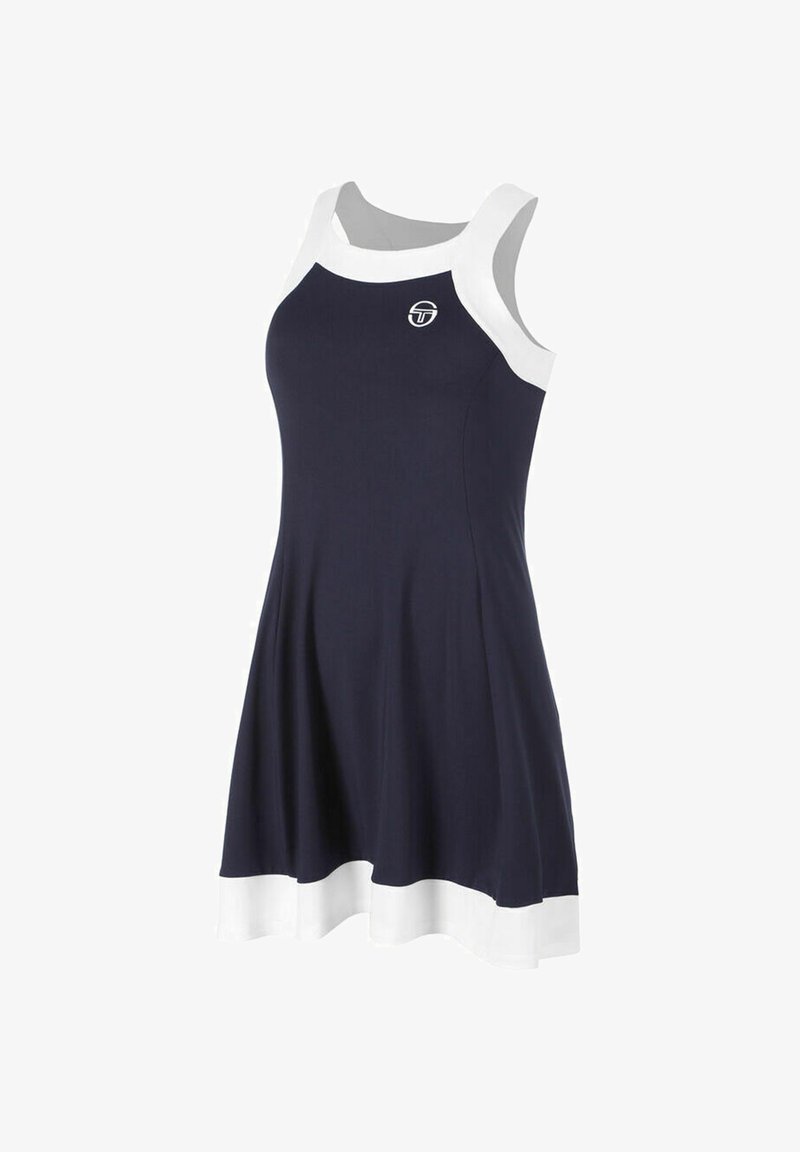 Marineblaues ärmelloses Kleid mit weißem Besatz an Ausschnitt, Schultern und Saum, mit einem kleinen runden Logo auf der Brust.