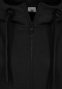 Schwarze Zip-Hoodie aus weichem Stoff. Verfügt über einen zentralen Reißverschluss mit passendem Pull, eine verstellbare Kapuze mit Kordelzug und gerippte Kanten.