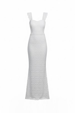 Hvid blondekjole med gulvlængde med bølgede stropper, tætsiddende korset og diskret blomsterprint over hele kjolen.