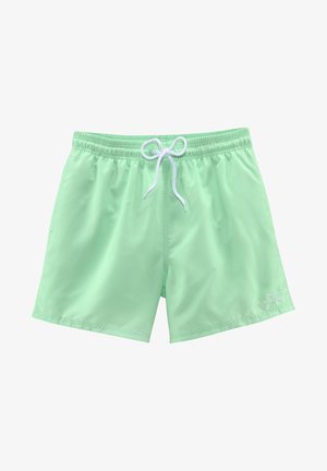 Hellgrüne Herren-Badeshorts mit elastischem Bund und weißem Kordelzug, mit kleinem Logo am unteren rechten Bein.