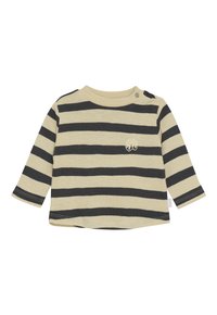 Beige en zwarte horizontaal gestreepte babyshirt met lange mouwen, ronde hals en zijsluiting met drukknoop op de schouder.
