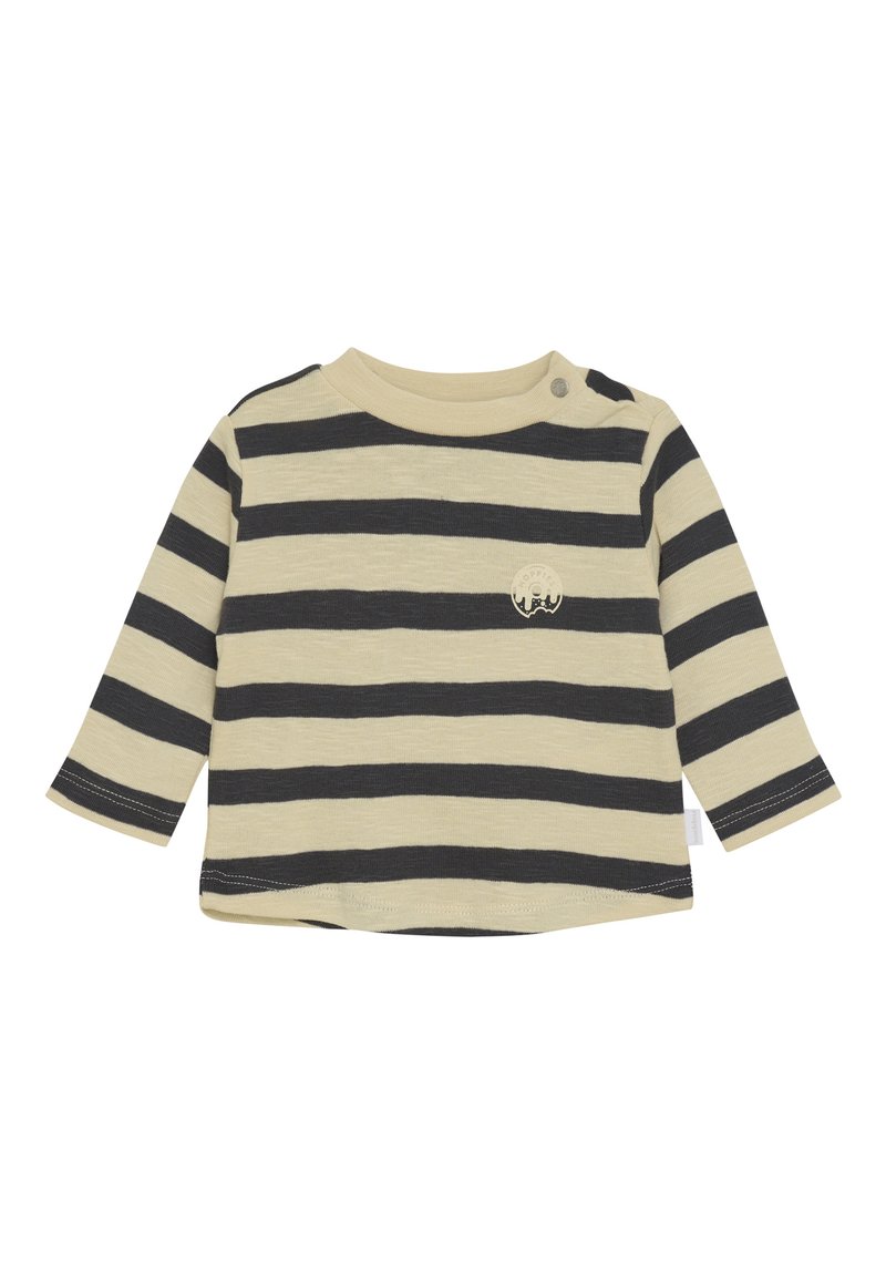 Beige und schwarze horizontal gestreifte Langarm-Babybluse mit Rundhals und seitlichem Druckknopfverschluss an der Schulter.