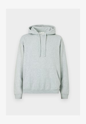 Light gray hoodie made of soft fabric, featuring a kangaroo pocket, drawstring hood, and ribbed cuffs and hem. Plain design, no patterns.
