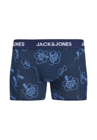 Boxer briefs bleu marine avec un motif floral bleu clair, ceinture élastique avec le logo "JACK & JONES" et une coupe ajustée.