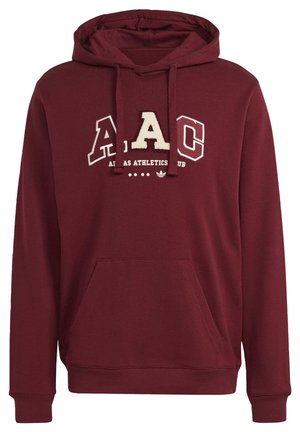 Bordowa bluza z kapturem, przednią kieszenią, sznurkiem przy kapturze i białymi literami varsity z napisem "AAC ADIDAS ATHLETICS CLUB" na klatce piersiowej.