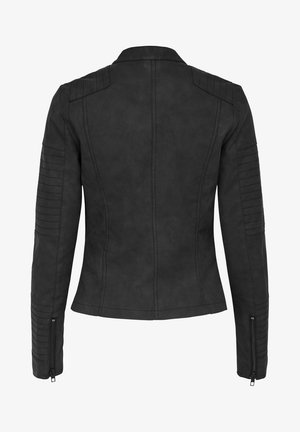 Black leather jacket, fitted design, visible seam details on shoulders and sleeves, lined with horizontal ribbing, zippered cuffs.