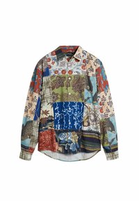 Camisa de patchwork multicolorida con diversos patrones, mangas largas, cierre de botones en la parte delantera y cuello puntiagudo. Fabricada en un tejido ligero.