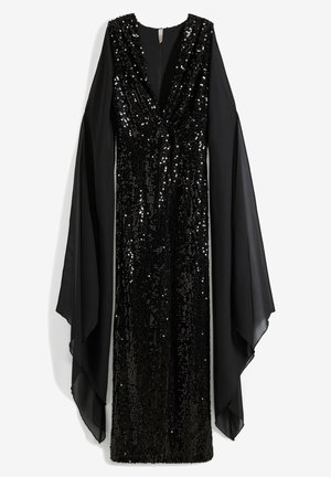 Robe de soirée noire en sequins avec un décolleté en V profond, des manches en cape fluides et une silhouette ajustée, présentant une surface brillante et texturée.