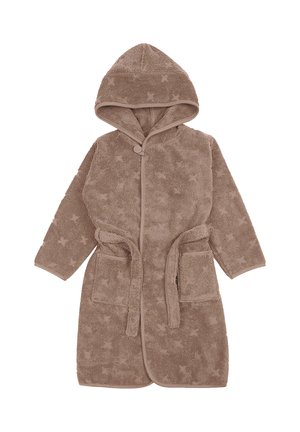 Brauner Kapuzenbademantel für Kleinkinder mit strukturiertem Sternenmuster, Vorder- taschen und einem Bindegürtel aus Stoff.