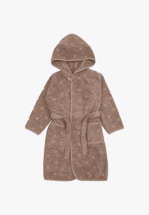 Peignoir de bain pour tout-petit à capuche marron avec motif étoile texturé, poches avant et fermeture par ceinture en tissu.