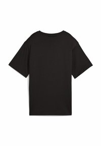 Zwarte katoenen t-shirt met een relaxte pasvorm, korte mouwen en een ronde halslijn. De textuur lijkt glad zonder zichtbare patronen of accenten.