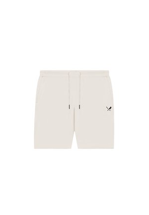 Short blanc décontracté avec taille à cordon, poches latérales et petit logo marteau et pinceau croisés sur la cuisse gauche.