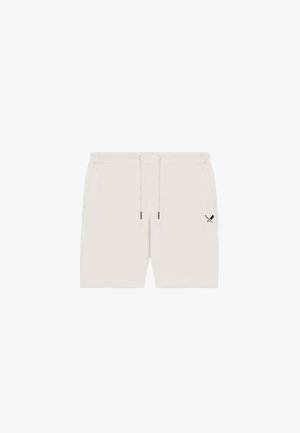 Witte casual korte broek met aantrekkoord in de taille, zijzakken en klein logo van een gekruiste hamer en kwast op de linker dij.