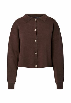 Cardigan corto marrone con design con colletto, dotato di sei bottoni decorativi e polsini a costine, realizzato in morbido materiale a maglia.