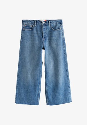 Blauwe cropt denim spijkerbroek met wijde pijpen, voor- en achterzakken, riemlussen en knoopsluiting in de taille.