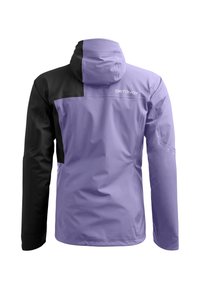 Purple and black waterproof jacket with a hood, featuring a smooth texture and contrasting color blocks. Brand name "ORTOVOX" displayed on back.
