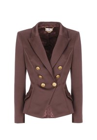 Blazer doppio petto marrone con bottoni dorati, revers a punta e tasche laterali; texture liscia con fodera interna a fantasia.