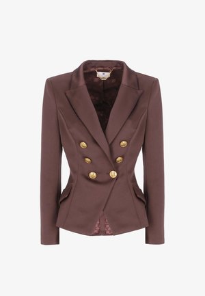 Blazer doppio petto marrone con bottoni dorati, revers a punta e tasche laterali; texture liscia con fodera interna a fantasia.