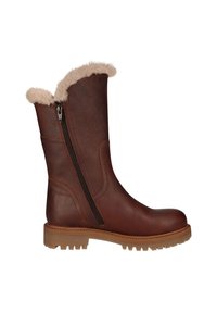 Braune Lederstiefel bis zur Wade mit einem Kunstfell-Bündchen, seitlichem Reißverschluss und einer strukturierten Gummisohle mit tiefem Profil für besseren Halt.