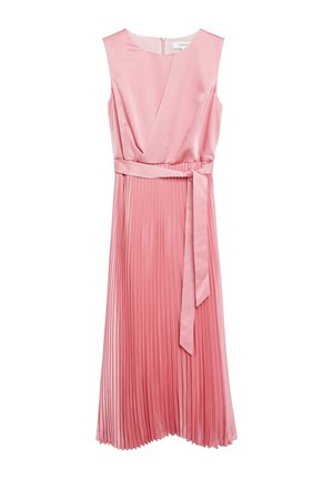 Ärmelloses pinkes Satinkleid mit plissiertem Rock und passendem Taillengürtel, mit rundem Ausschnitt und Reißverschluss hinten.