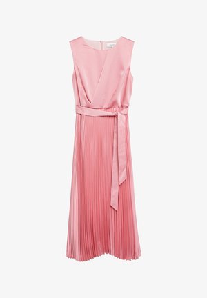 Różowa sukienka bez rękawów z satyny z plisowaną spódnicą i dopasowanym paskiem wiązanym w talii, z okrągłym dekoltem i zamkiem błyskawicznym z tyłu.