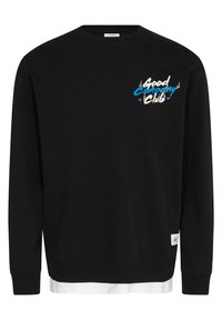 Schwarzer Sweatshirt mit langen Ärmeln, gerippten Bündchen und rundem Halsausschnitt. Auf der Vorderseite befindet sich ein farbenfrohes Text-Logo "Good Company Club".