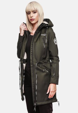 Green coat with a hood, featuring zippered pockets, drawstrings, and a soft lining. Made from smooth fabric with a sleek fit.