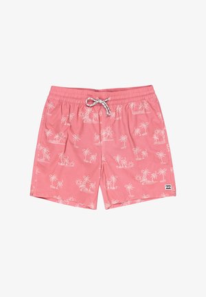 Shorts de bain roses avec un motif répété de palmiers blancs, taille élastique avec cordon de serrage et un petit logo sur le côté.