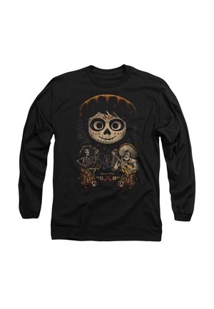 Black long-sleeve shirt featuring a graphic design of a skull with intricate details, surrounded by two characters playing guitar.
