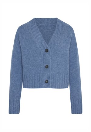 Blue knitted cardigan with a deep V-neck, ribbed cuffs and hem, featuring four black buttons down the front. Soft texture and cropped design.