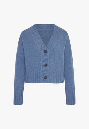 Blauer, gestrickter Cardigan mit tiefem V-Ausschnitt, gerippten Bündchen und Saum, mit vier schwarzen Knöpfen vorne. Weiche Textur und cropped Design.