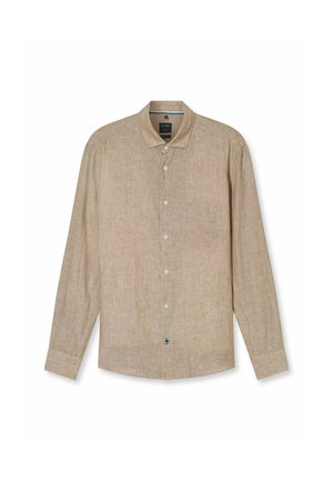 Beige long-sleeve shirt made of textured fabric. Features a spread collar, button closure, and a single chest pocket.