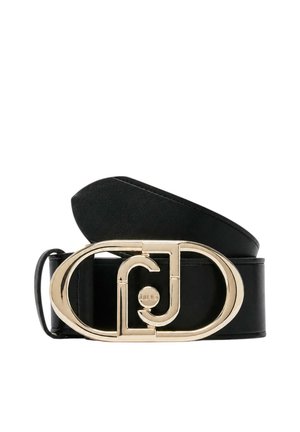 Cintura in pelle nera con una grande fibbia ovale dorata lucida con un intricato design geometrico al centro.